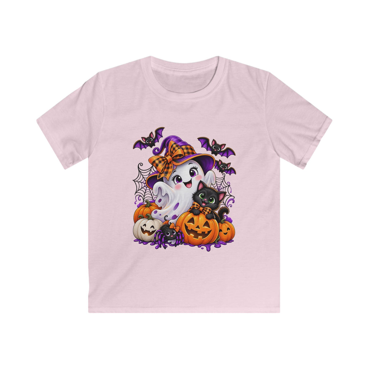 Cute Ghost with Pumpkins Kids Tee | Halloween Black Cat, Bats, Spiderwebs