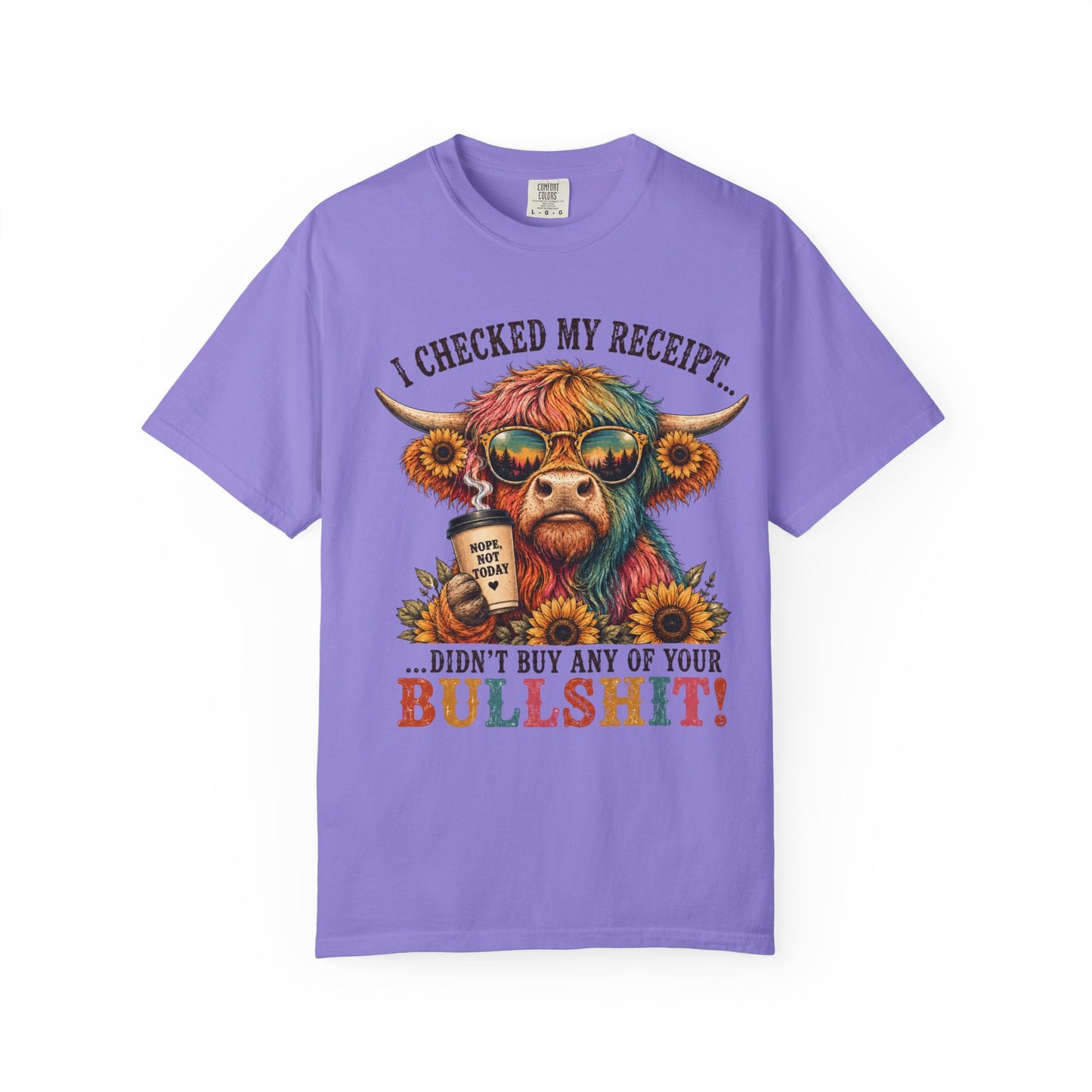 I Checked My Receipt Highland Cow Illustration T-shirt | Funny Sarcastic Quote
