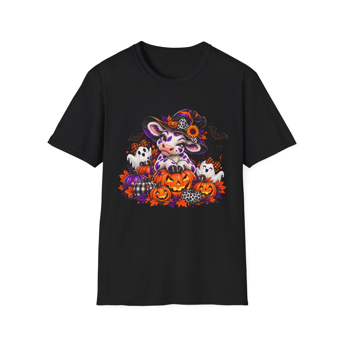 Halloween Winking Witch Cow T-Shirt | Pumpkin, Ghosts, Bats, Spooky Cute