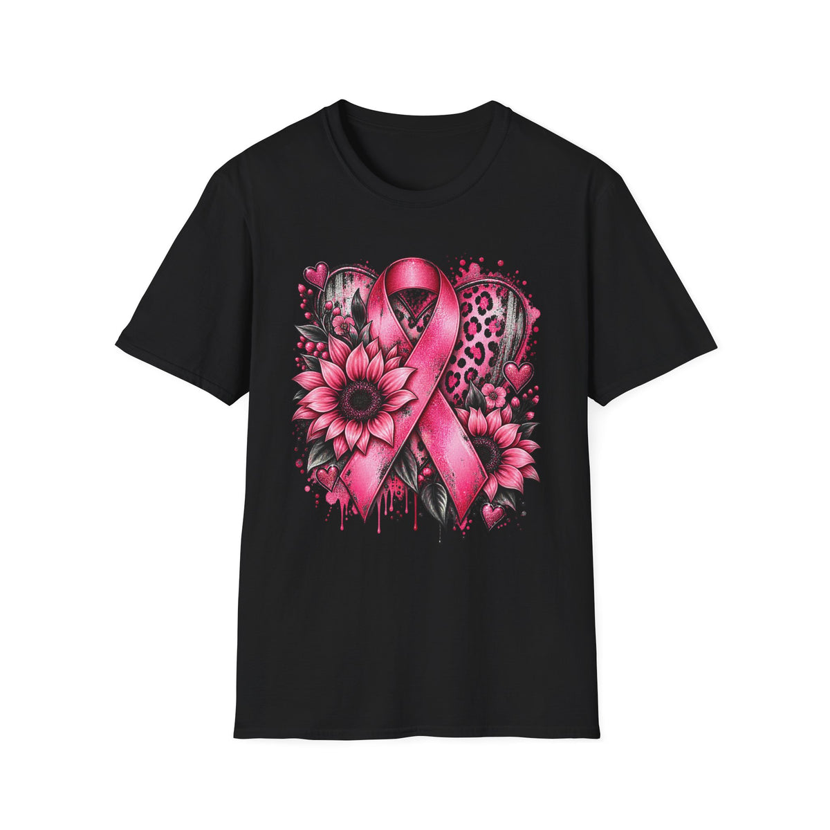 Pink Awareness Ribbon Heart T-Shirt | Floral Leopard Breast Cancer Design