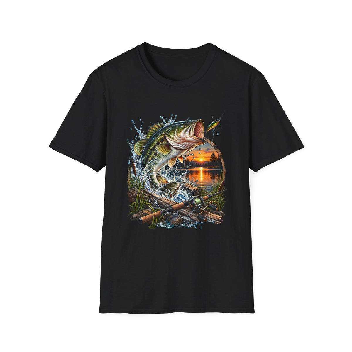 Sunset Bass Jumping T-Shirt | Largemouth Bass Fishing Design