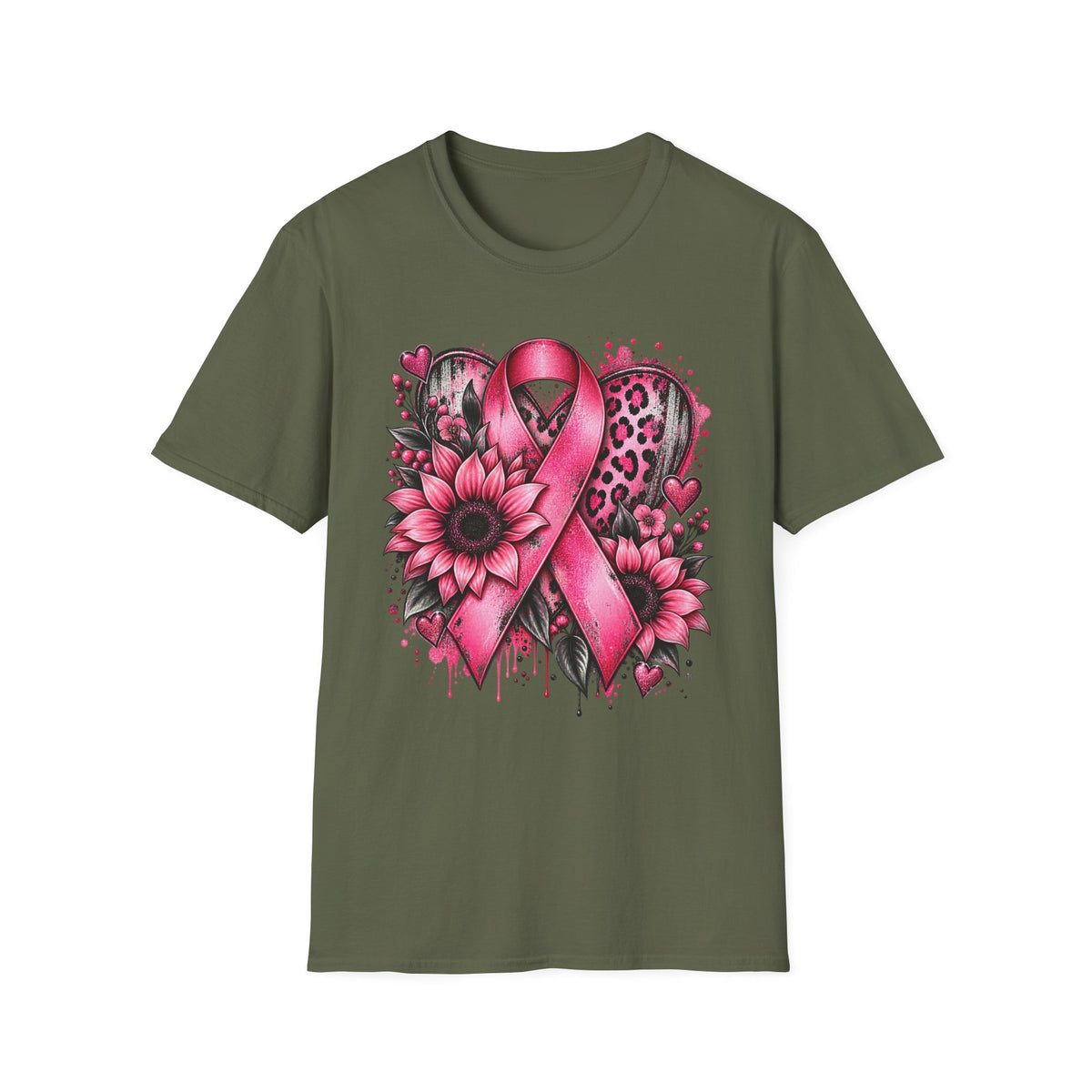 Pink Awareness Ribbon Heart T-Shirt | Floral Leopard Breast Cancer Design