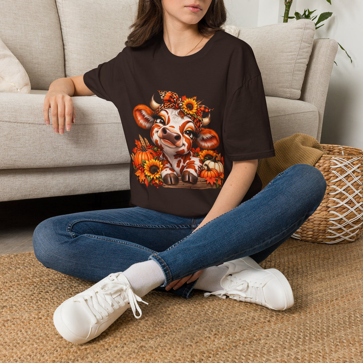 Autumn Calf with Sunflowers T-Shirt | Fall Pumpkin Cow
