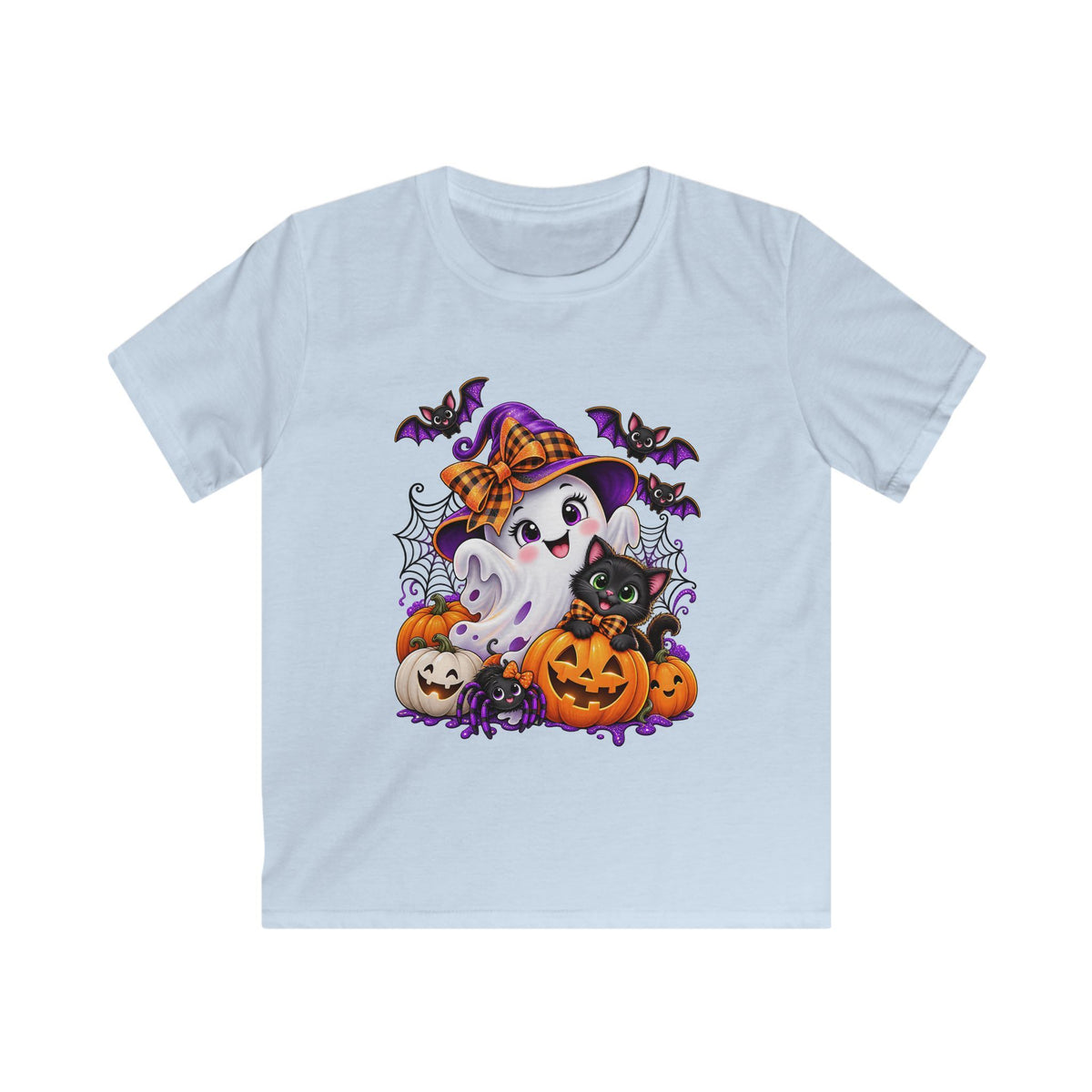Cute Ghost with Pumpkins Kids Tee | Halloween Black Cat, Bats, Spiderwebs