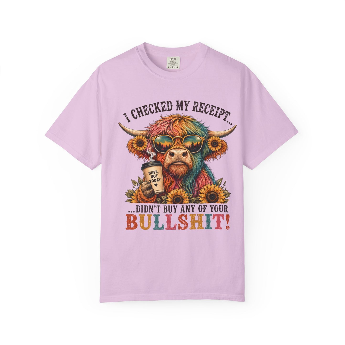I Checked My Receipt Highland Cow Illustration T-shirt | Funny Sarcastic Quote