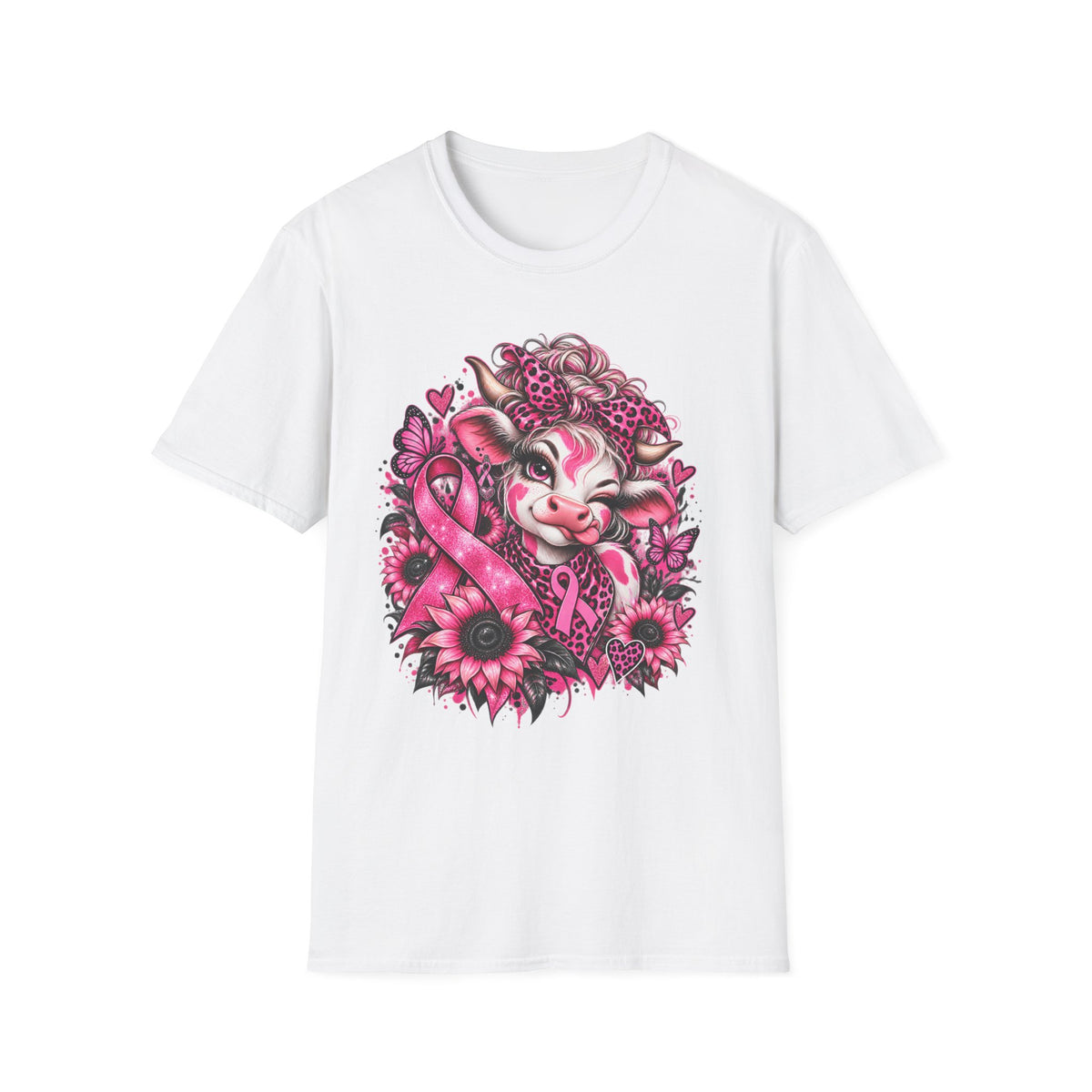 Cow Floral Breast Cancer Ribbon T-Shirt | Pink Sunflower Awareness