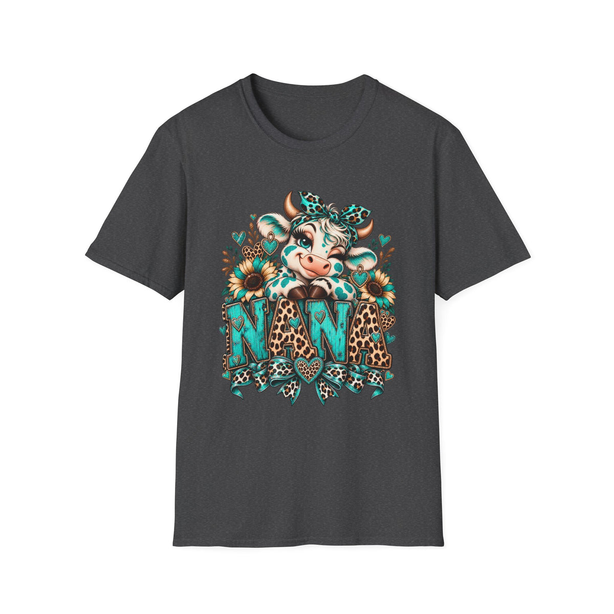 Cow Nana shirt | Cow with sunflowers, teal leopard print NAN T-Shirt