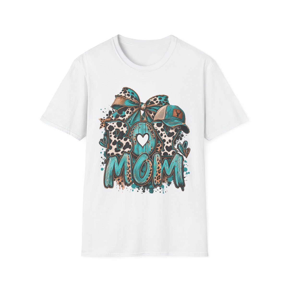 Teal Leopard Boy Mom T-Shirt | Heart Bow Baseball Cap Design