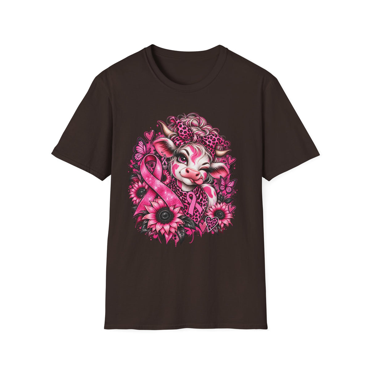 Cow Floral Breast Cancer Ribbon T-Shirt | Pink Sunflower Awareness