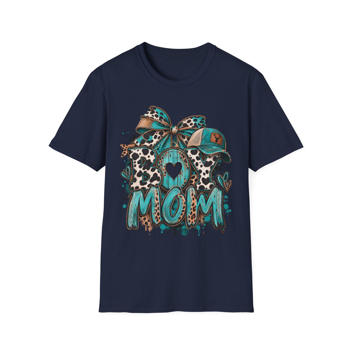 Teal Leopard Boy Mom T-Shirt | Heart Bow Baseball Cap Design