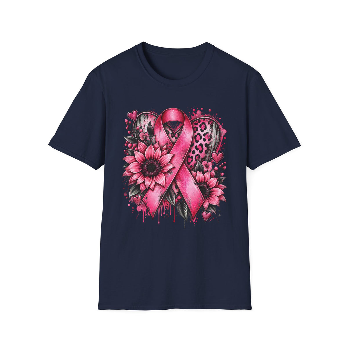 Pink Awareness Ribbon Heart T-Shirt | Floral Leopard Breast Cancer Design