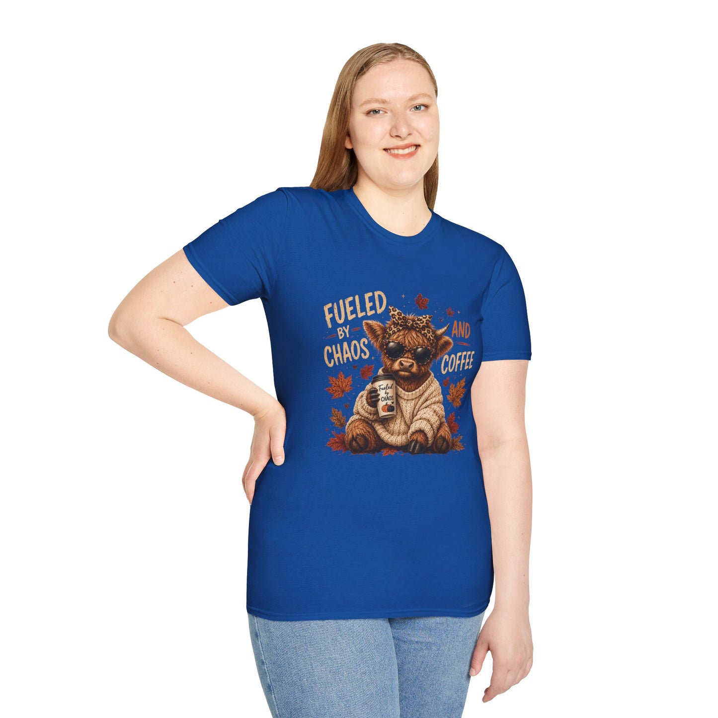 Fueled by Chaos and Coffee T-Shirt | Cute Cow Illustration, Fall Leaves