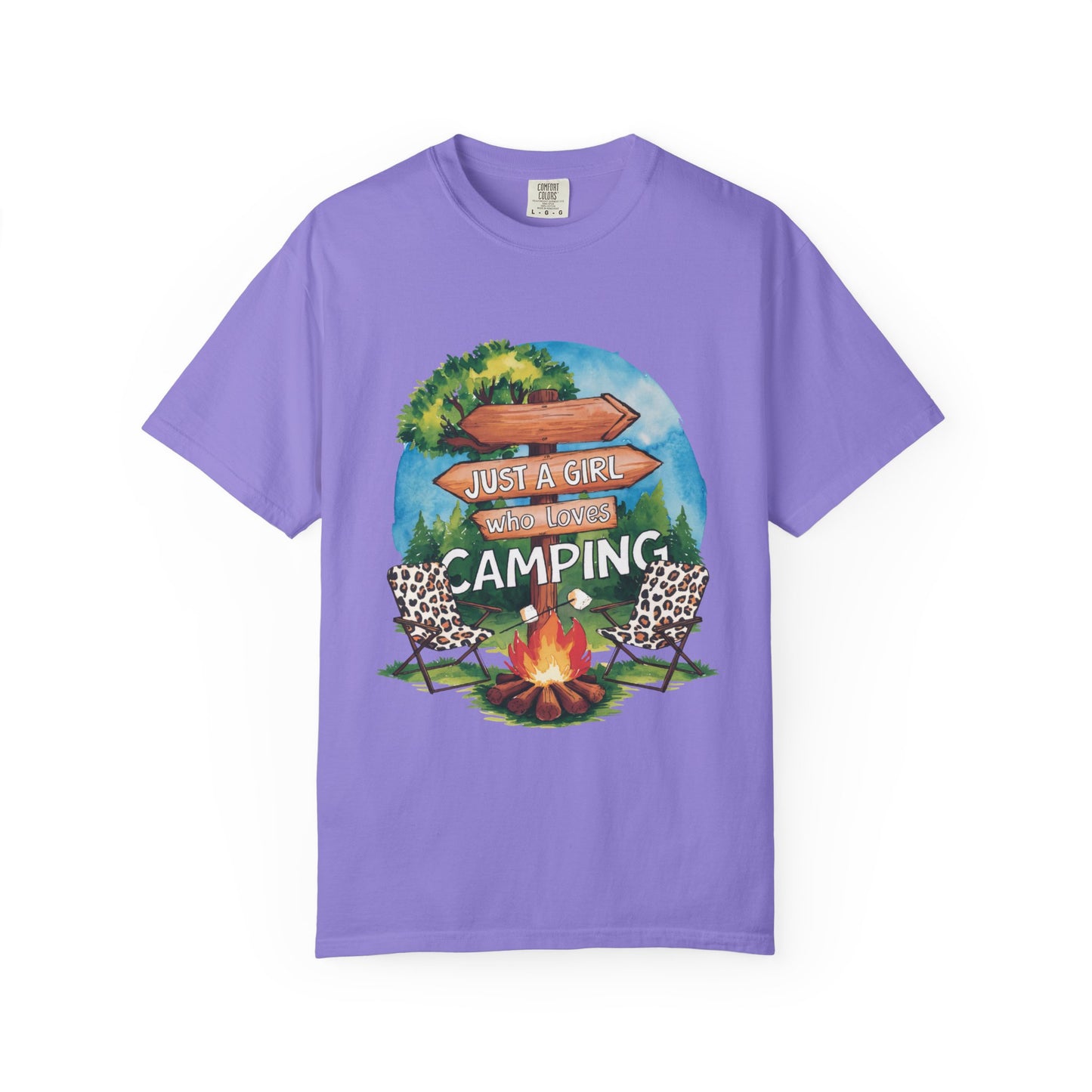 Just a Girl Who Loves Camping T-Shirt | Campfire Chairs Sign Arrow Design