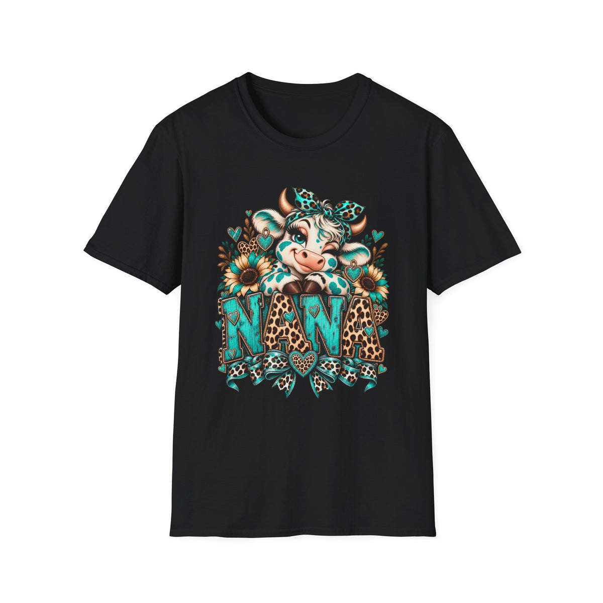 Cow Nana shirt | Cow with sunflowers, teal leopard print NAN T-Shirt