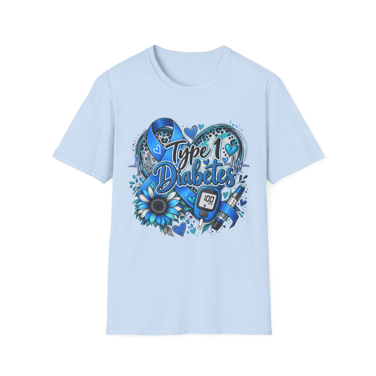 Type 1 Diabetes Awareness T-Shirt — Blue Ribbon Heart Design