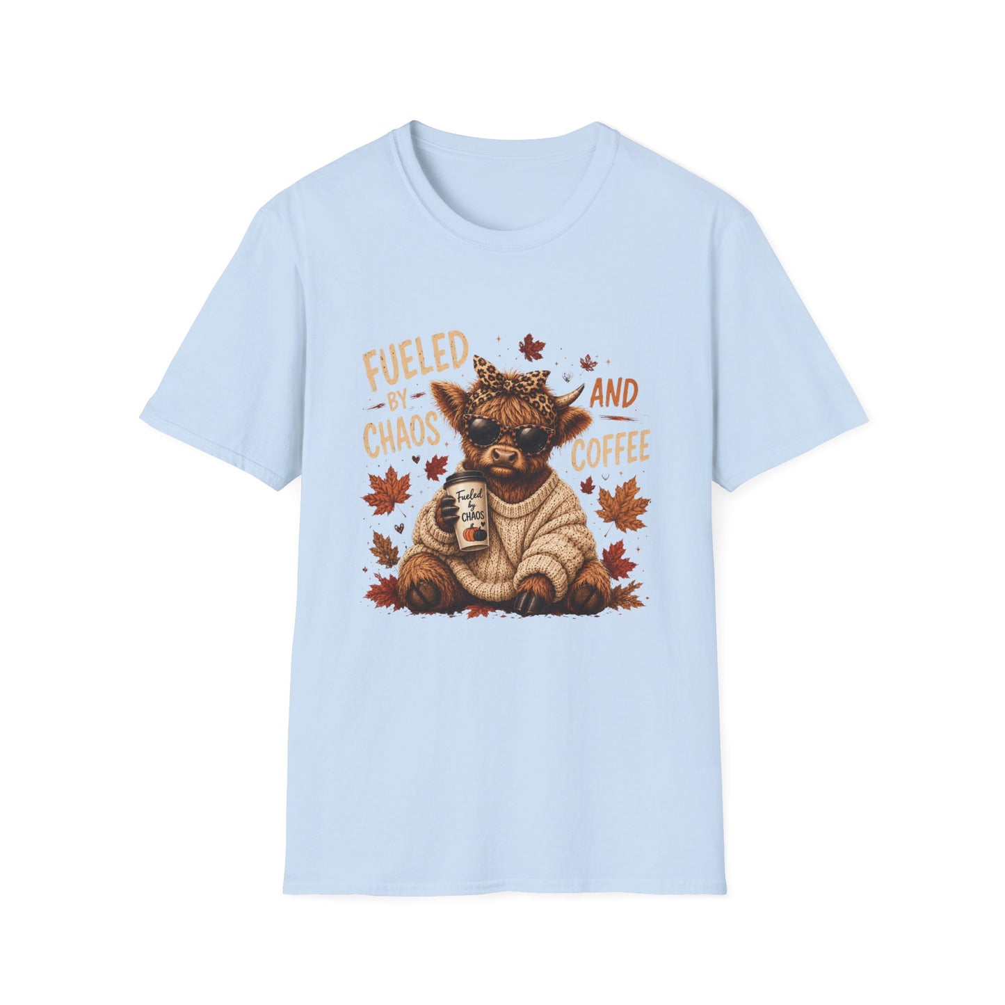 Fueled by Chaos and Coffee T-Shirt | Cute Cow Illustration, Fall Leaves