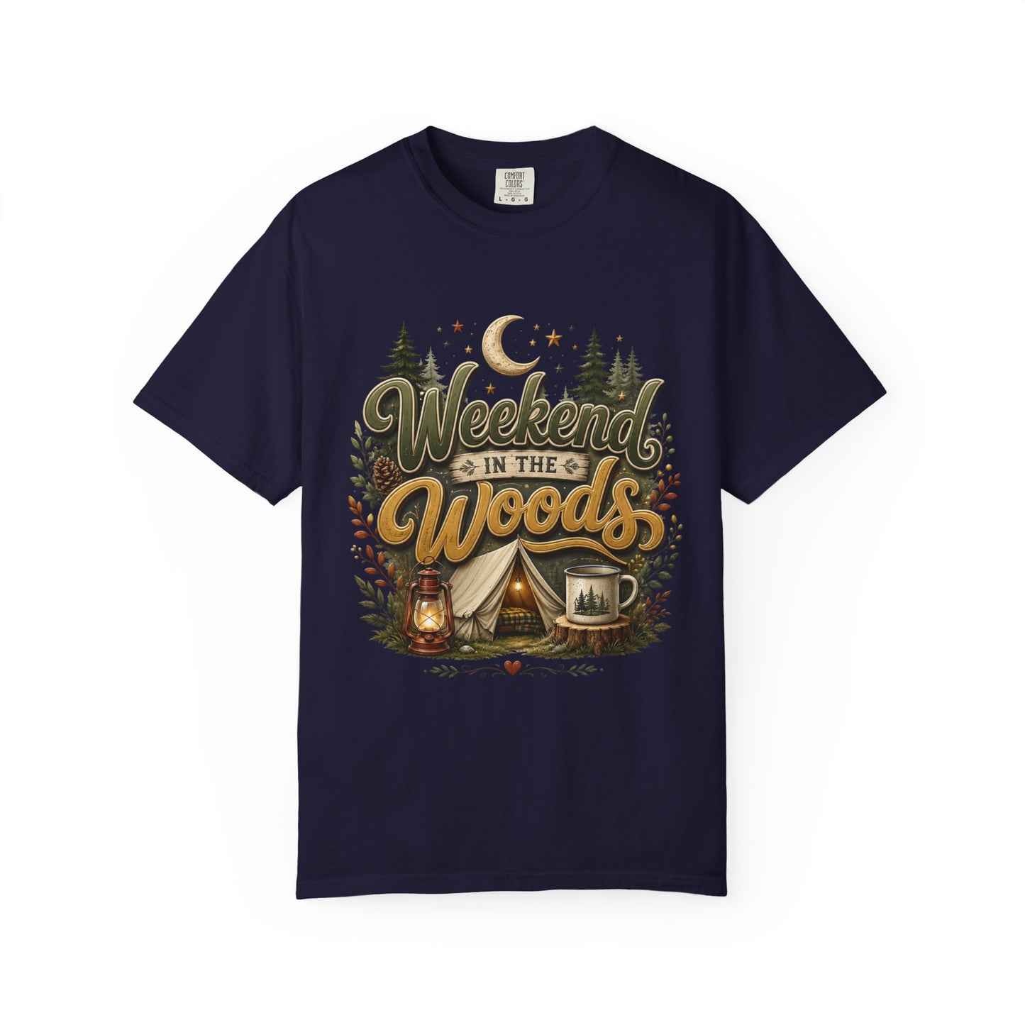 Weekend in the Woods T-shirt | Camping Tent Lantern Mug Forest Design