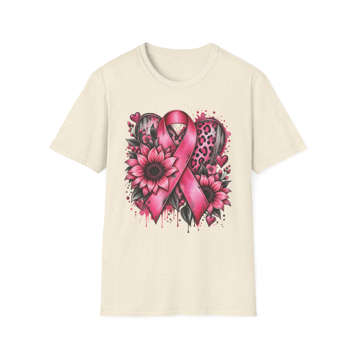 Pink Awareness Ribbon Heart T-Shirt | Floral Leopard Breast Cancer Design
