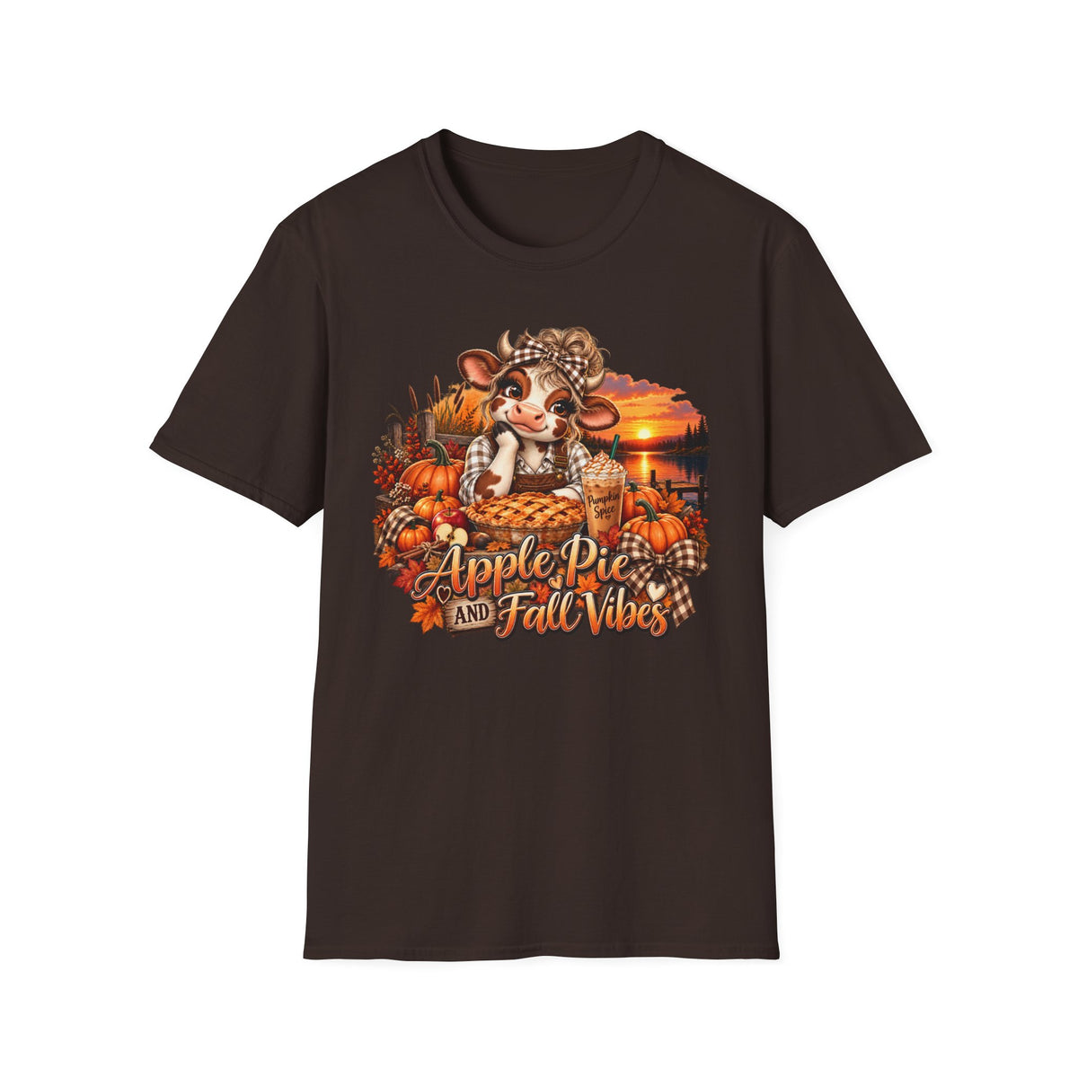 Apple Pie and Fall Vibes T-Shirt | Cute Cow Autumn Pumpkin Design