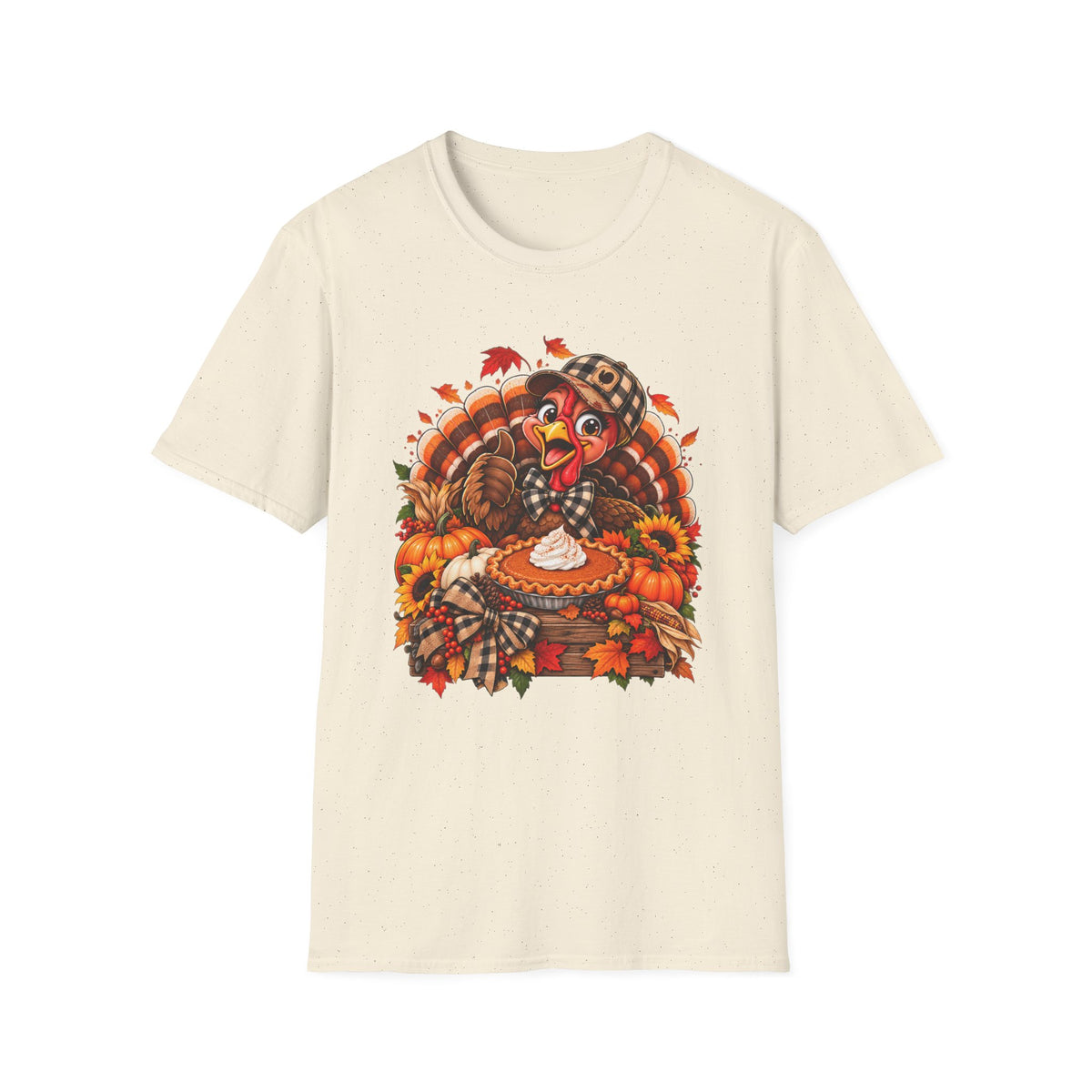 Cartoon Thanksgiving Turkey T-Shirt | Pumpkin Pie, Fall Leaves, Plaid Scarf