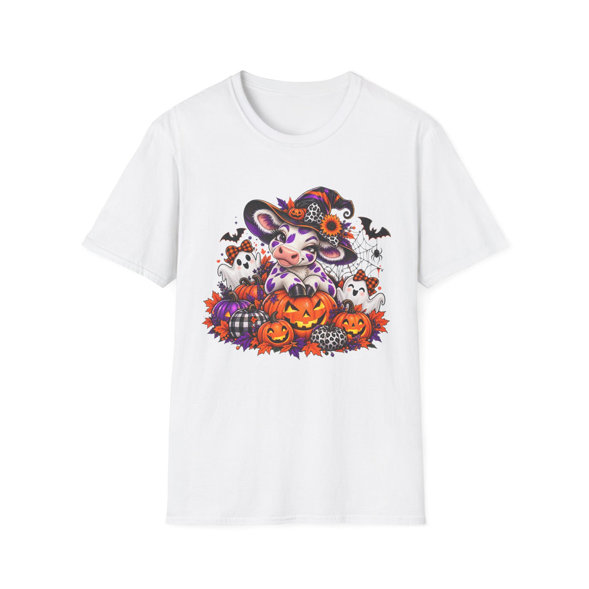 Halloween Winking Witch Cow T-Shirt | Pumpkin, Ghosts, Bats, Spooky Cute