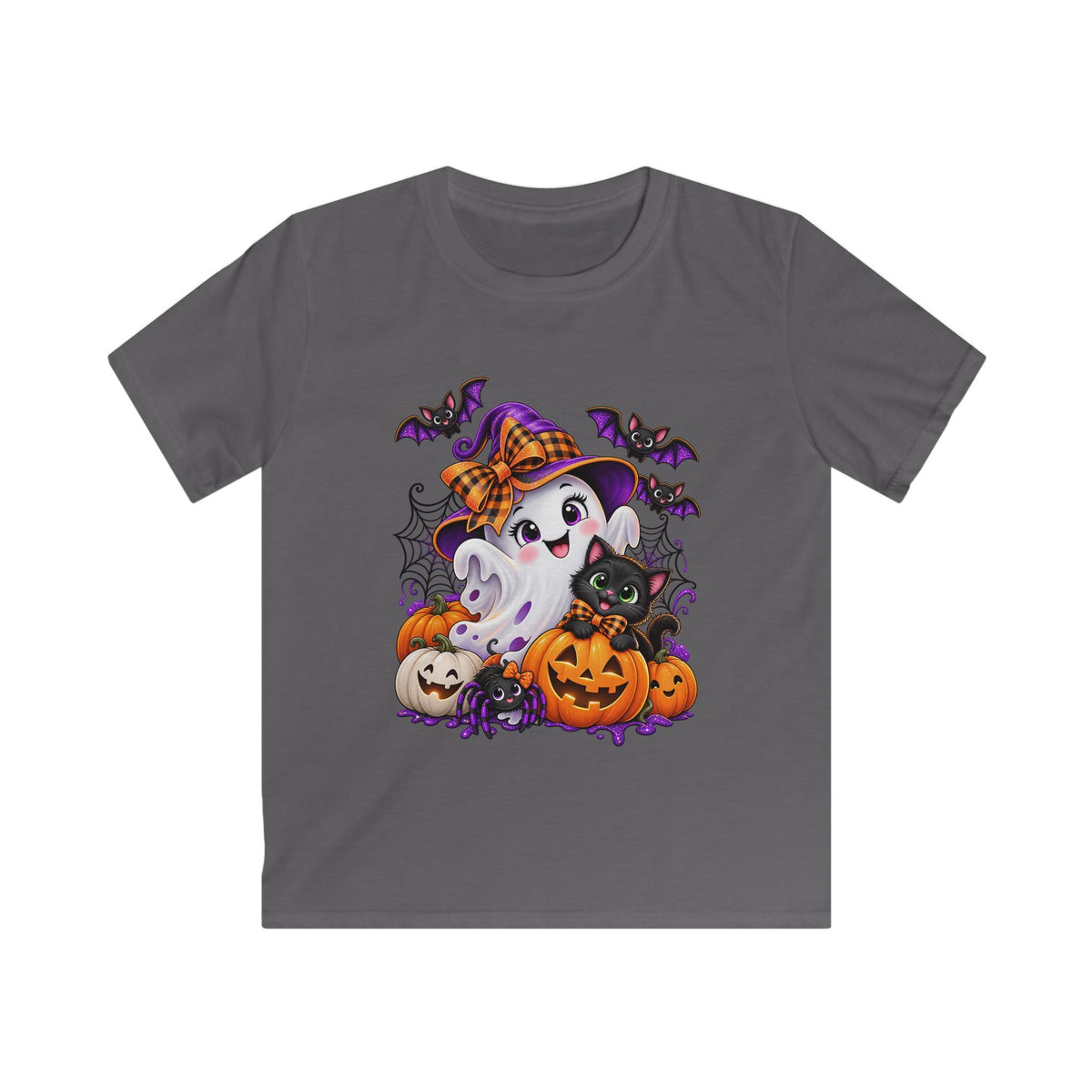 Cute Ghost with Pumpkins Kids Tee | Halloween Black Cat, Bats, Spiderwebs