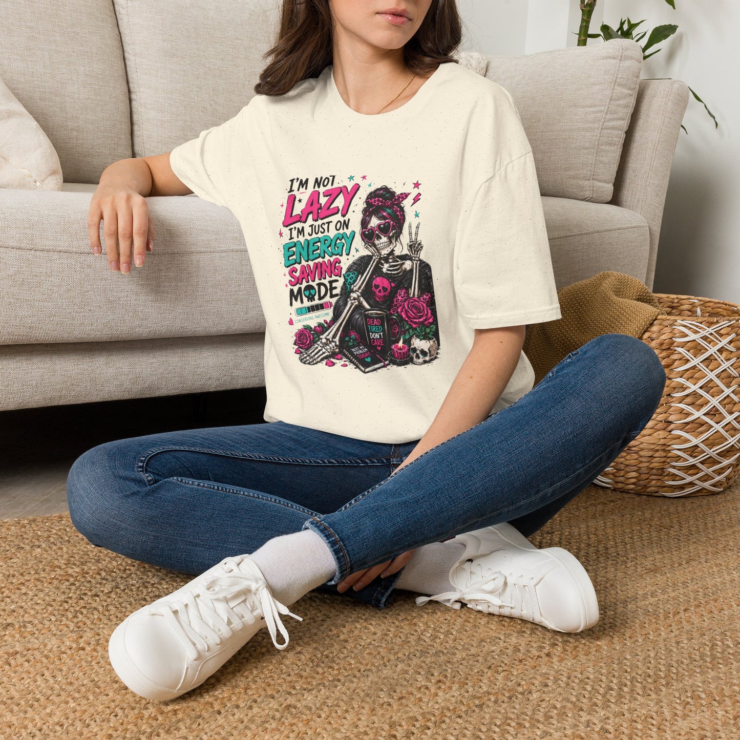 I'm Not Lazy I'm on Energy Saving Mode T-Shirt | Skeleton Girl Graphic Tee, Funny Sarcastic Shirt