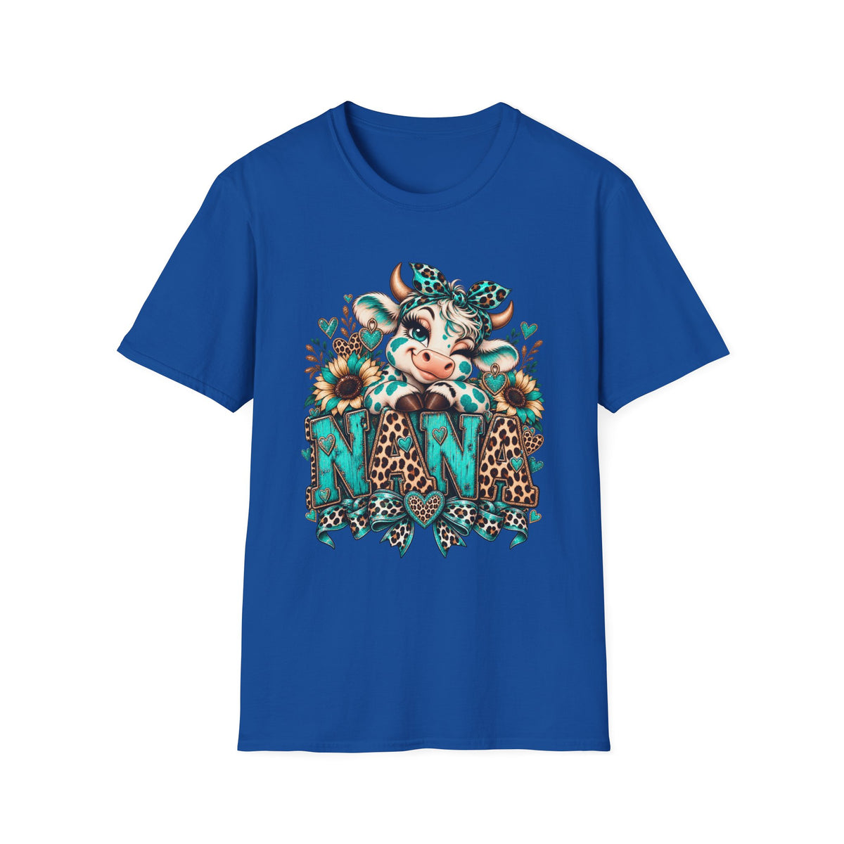 Cow Nana shirt | Cow with sunflowers, teal leopard print NAN T-Shirt