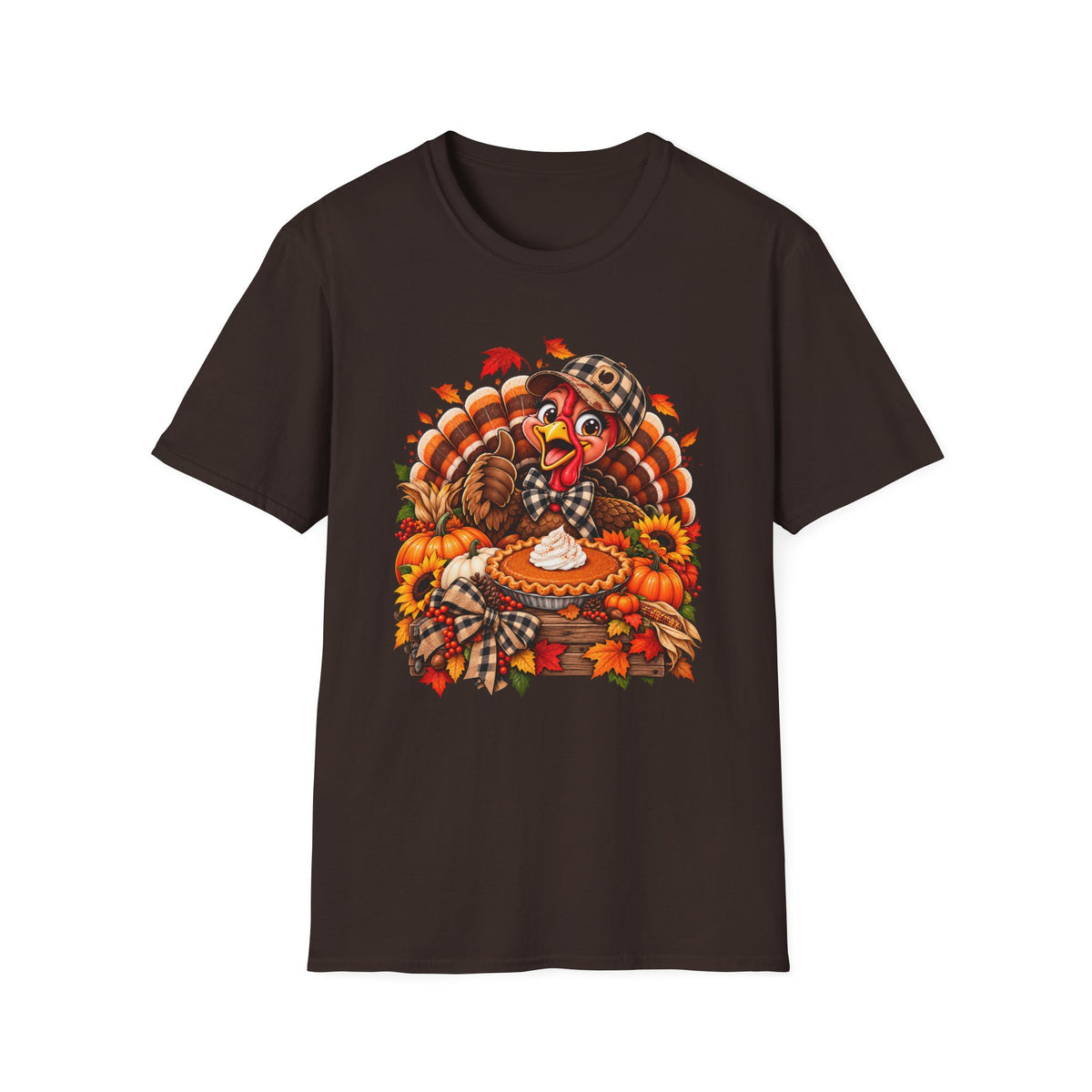 Cartoon Thanksgiving Turkey T-Shirt | Pumpkin Pie, Fall Leaves, Plaid Scarf