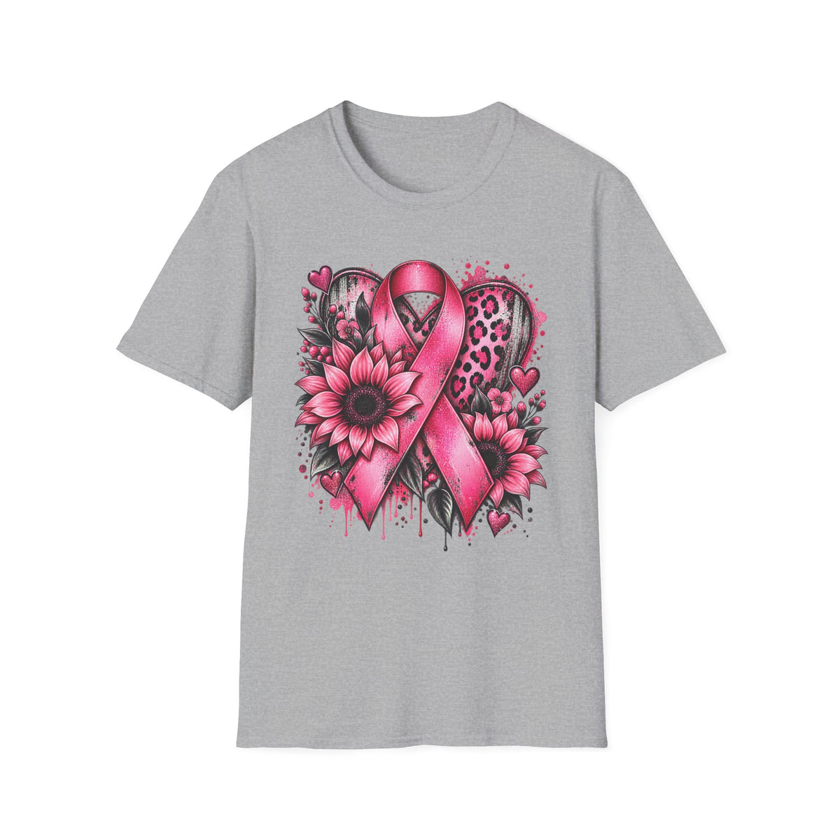 Pink Awareness Ribbon Heart T-Shirt | Floral Leopard Breast Cancer Design