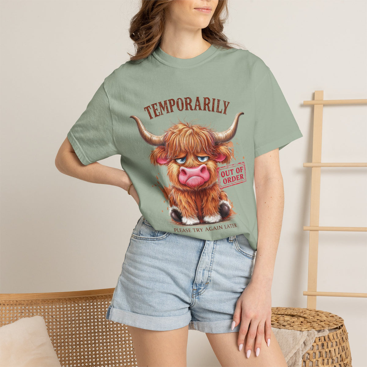 Temporarily Out of Order Highland Cow T-shirt | Cute Grumpy Cow Illustration