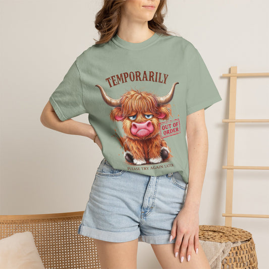Temporarily Out of Order Highland Cow T-shirt | Cute Grumpy Cow Illustration