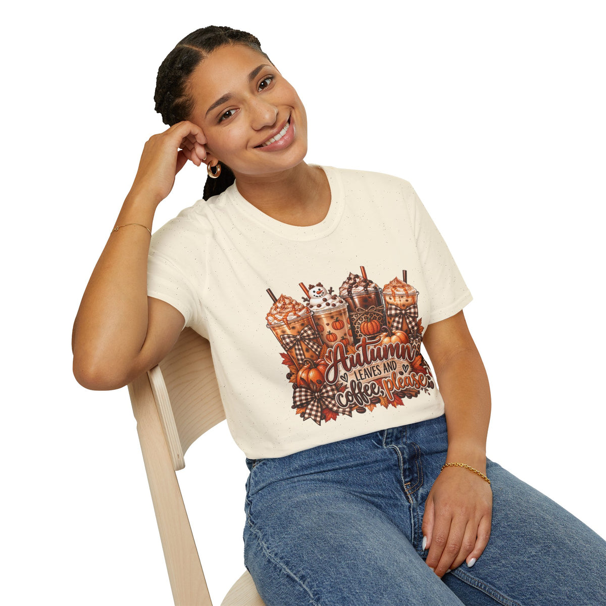 Autumn Leaves and Coffee Please T-Shirt | Fall Pumpkin Spice Coffee Design