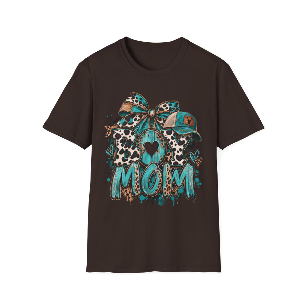 Teal Leopard Boy Mom T-Shirt | Heart Bow Baseball Cap Design
