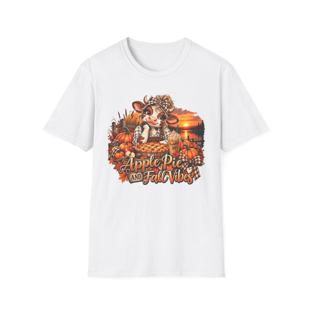 Apple Pie and Fall Vibes T-Shirt | Cute Cow Autumn Pumpkin Design