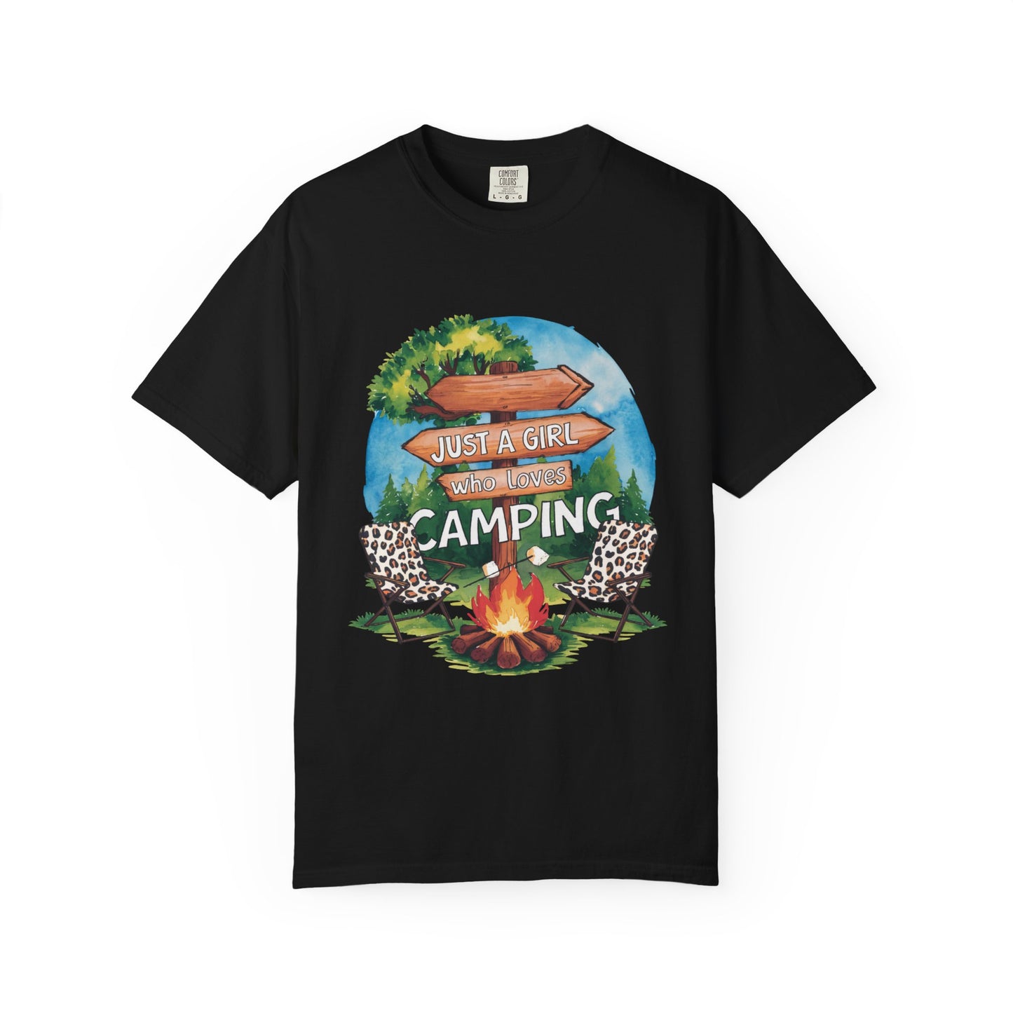 Just a Girl Who Loves Camping T-Shirt | Campfire Chairs Sign Arrow Design