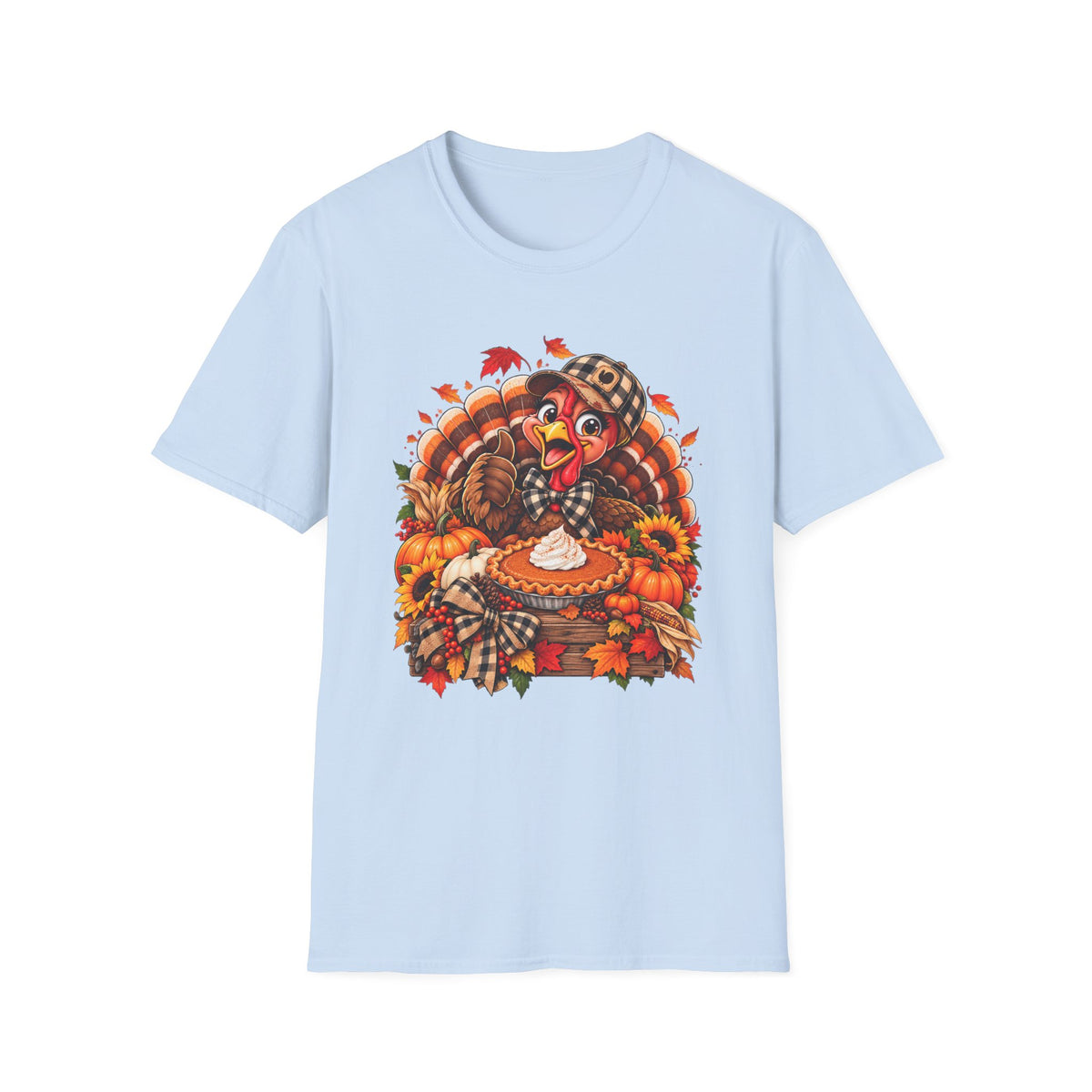 Cartoon Thanksgiving Turkey T-Shirt | Pumpkin Pie, Fall Leaves, Plaid Scarf
