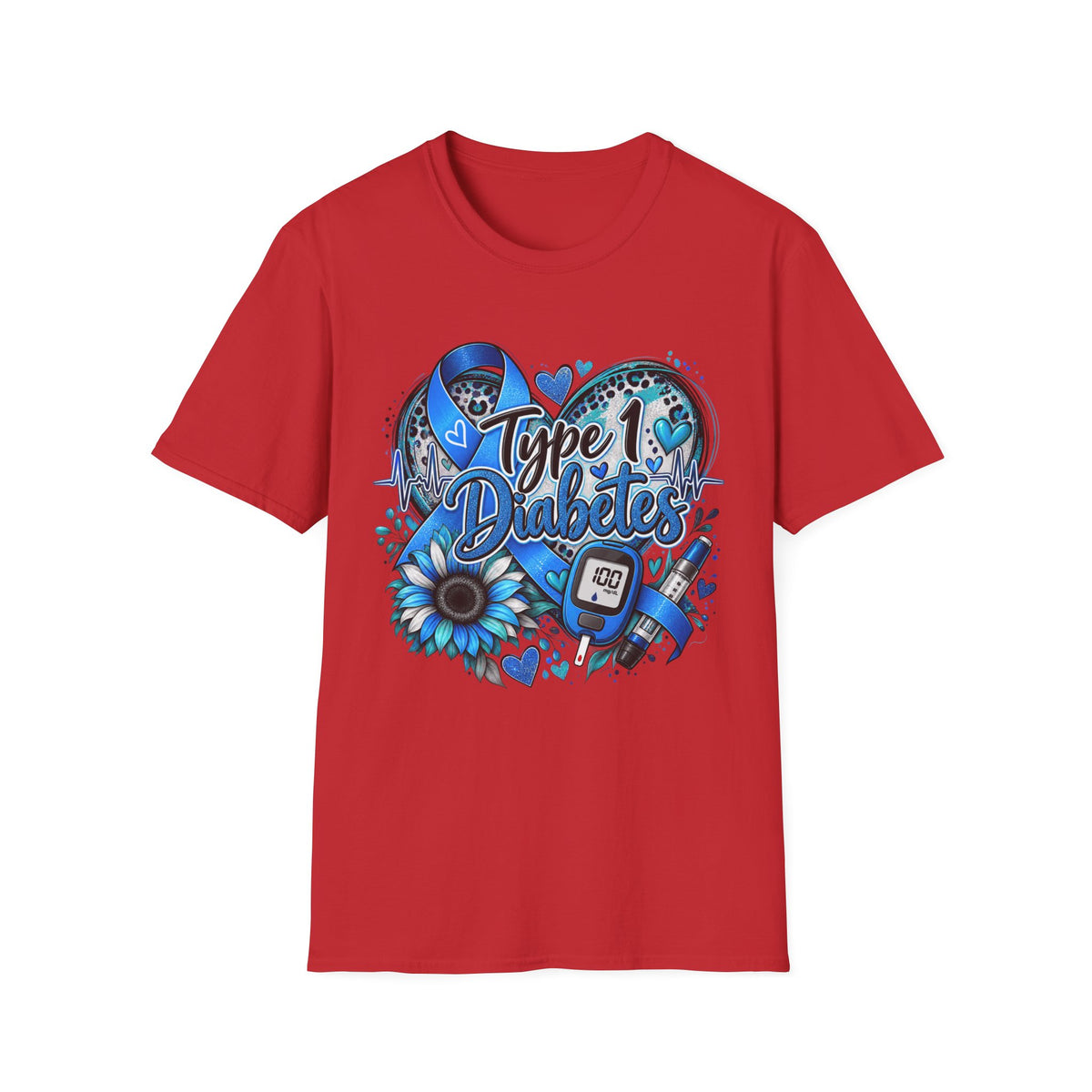 Type 1 Diabetes Awareness T-Shirt — Blue Ribbon Heart Design