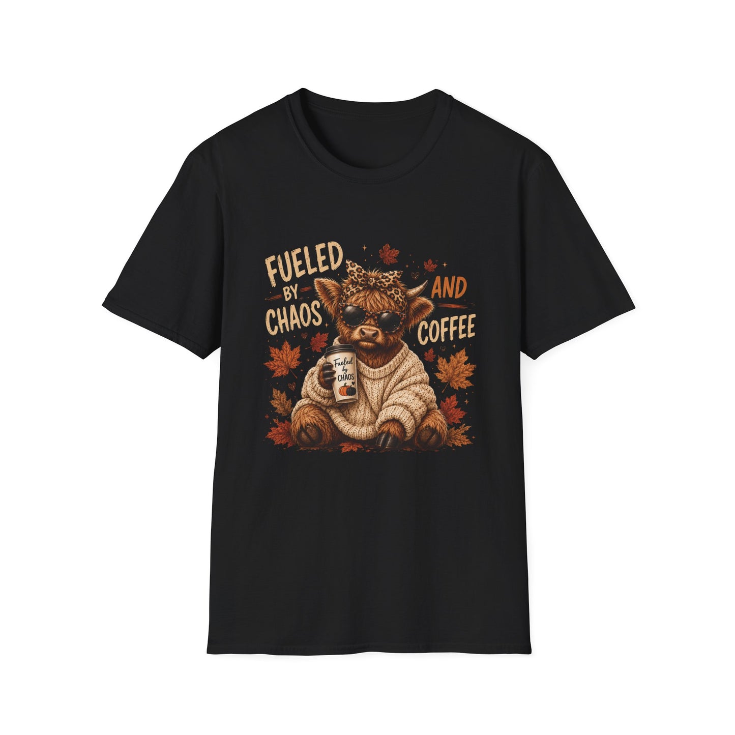 Fueled by Chaos and Coffee T-Shirt | Cute Highland Cow Autumn Design