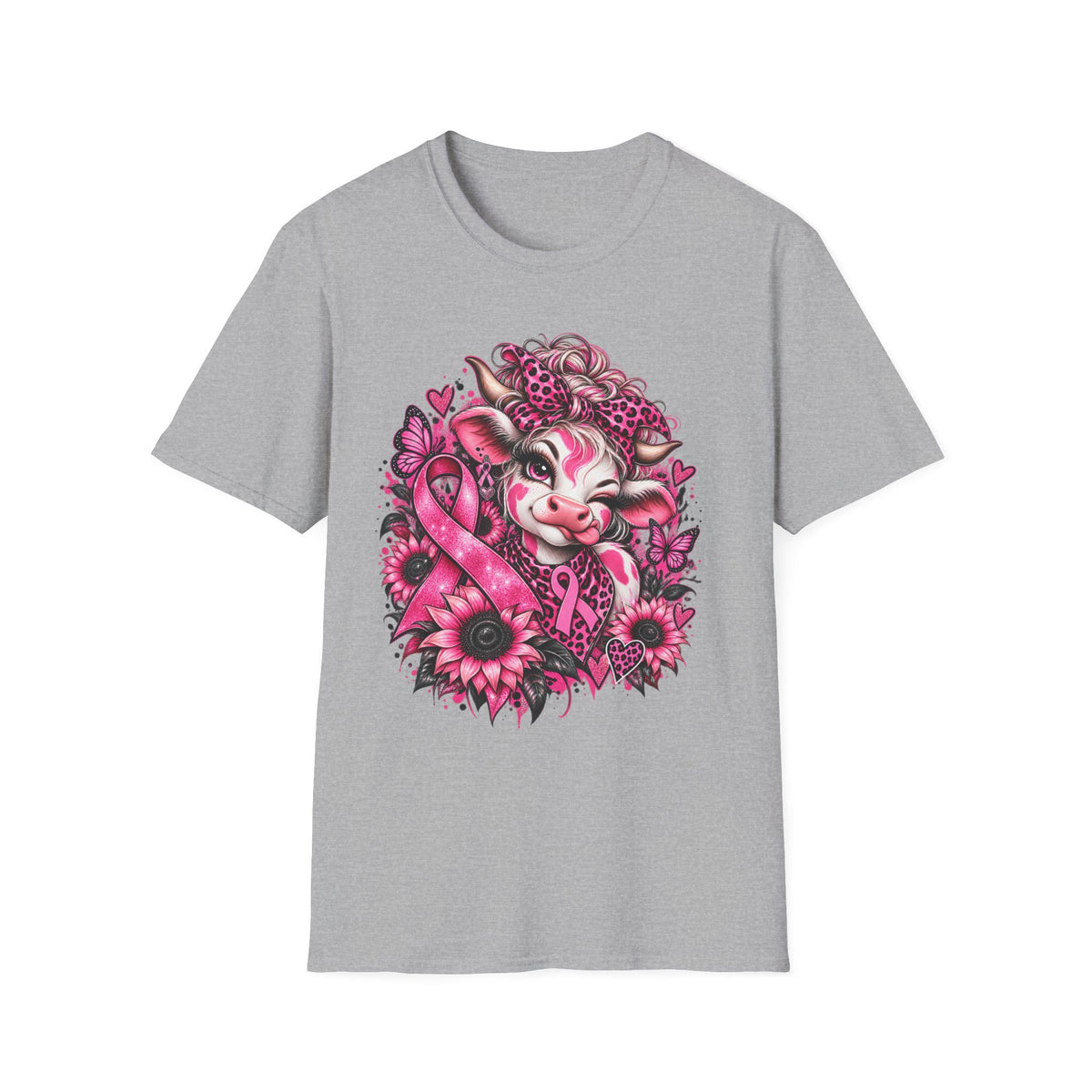 Cow Floral Breast Cancer Ribbon T-Shirt | Pink Sunflower Awareness