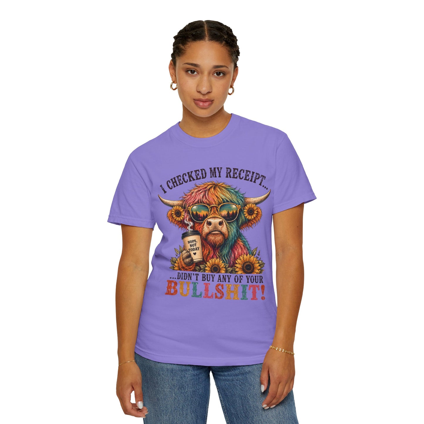 I Checked My Receipt Highland Cow Illustration T-shirt | Funny Sarcastic Quote