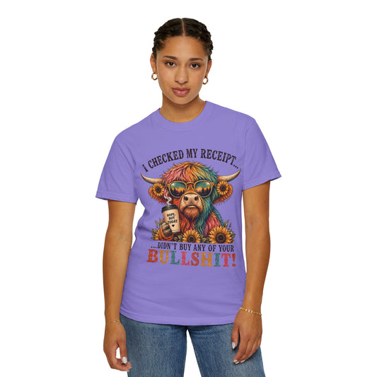 I Checked My Receipt Highland Cow Illustration T-shirt | Funny Sarcastic Quote