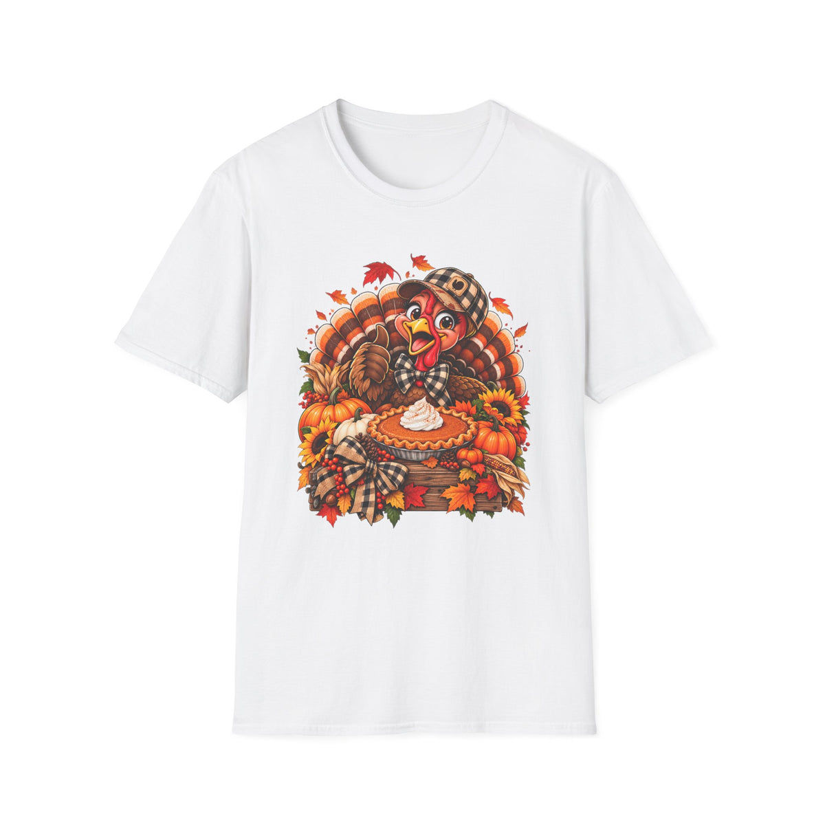 Cartoon Thanksgiving Turkey T-Shirt | Pumpkin Pie, Fall Leaves, Plaid Scarf