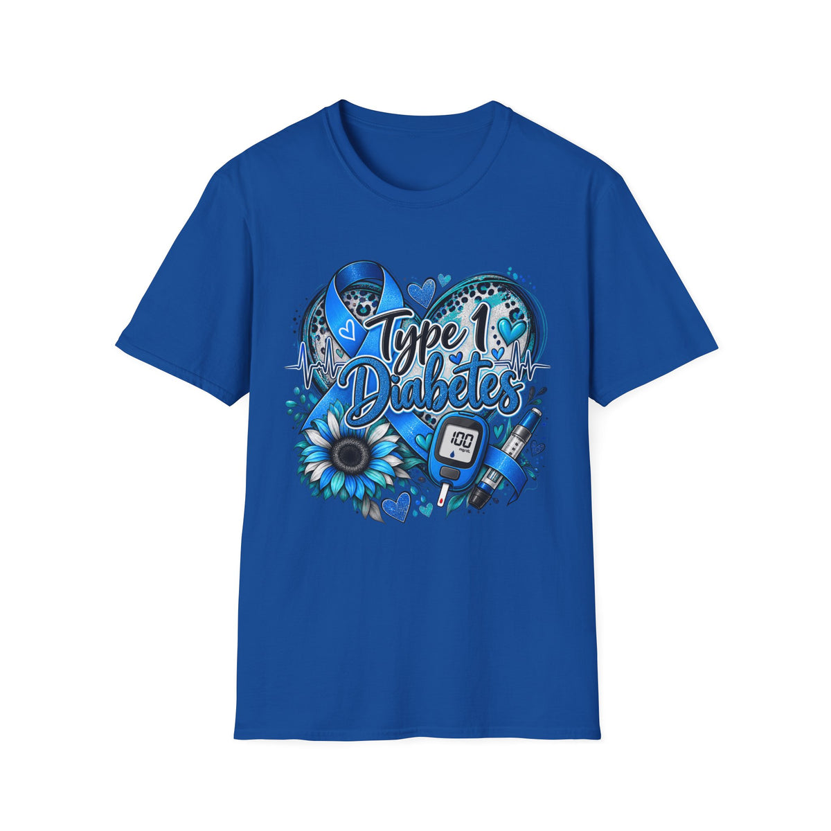 Type 1 Diabetes Awareness T-Shirt — Blue Ribbon Heart Design