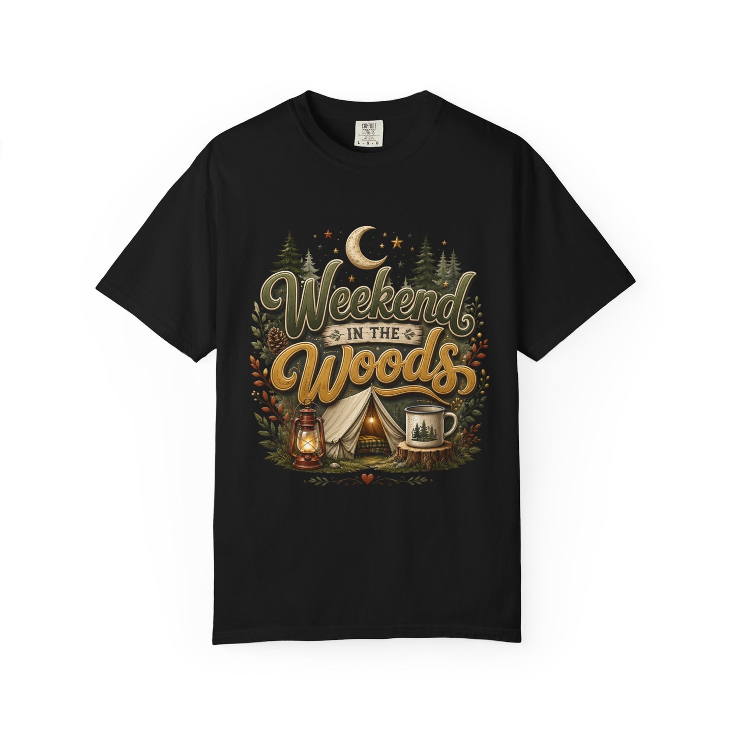Weekend in the Woods T-shirt | Camping Tent Lantern Mug Forest Design