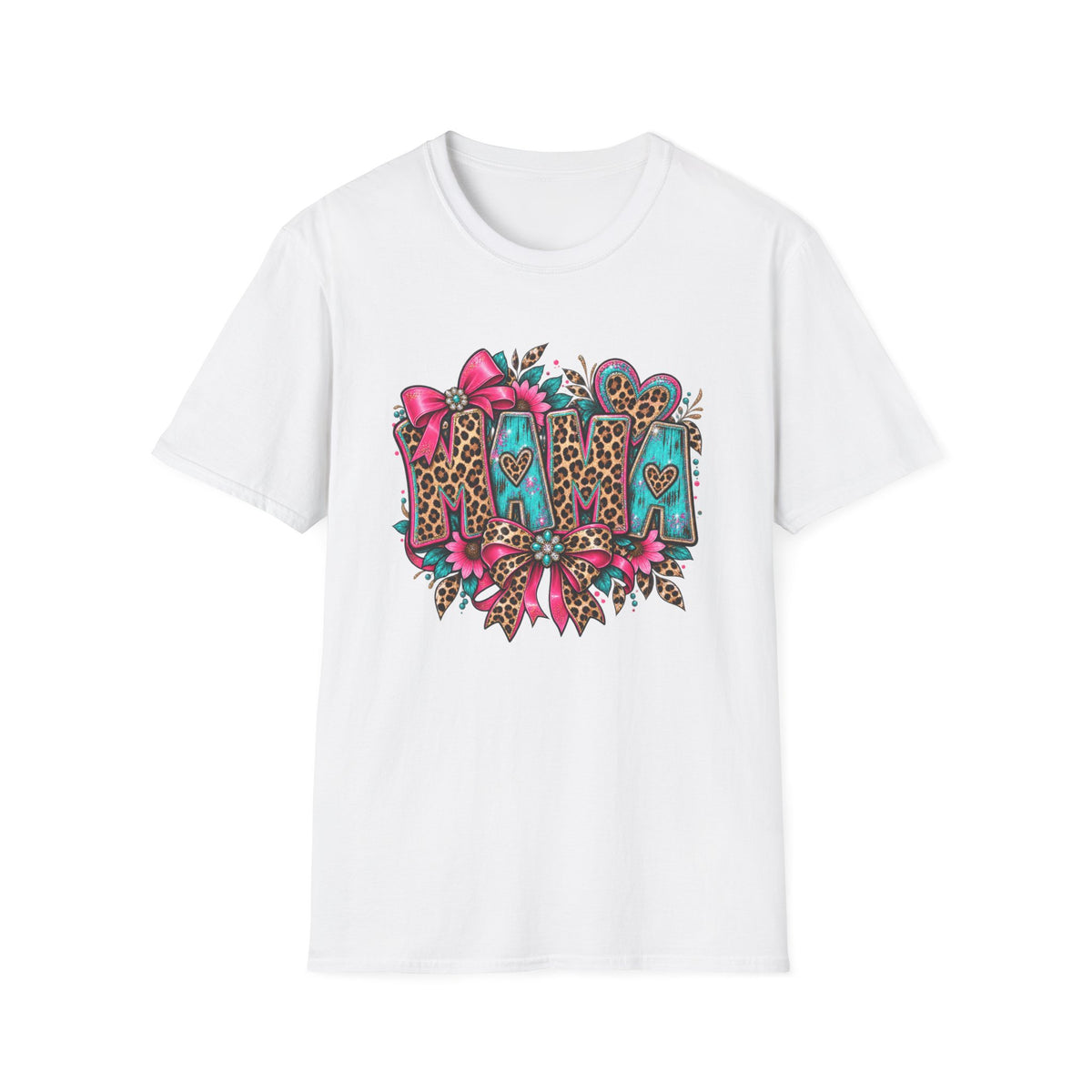 Mom Leopard Print Floral T-Shirt | Turquoise Pink Western Heart Design