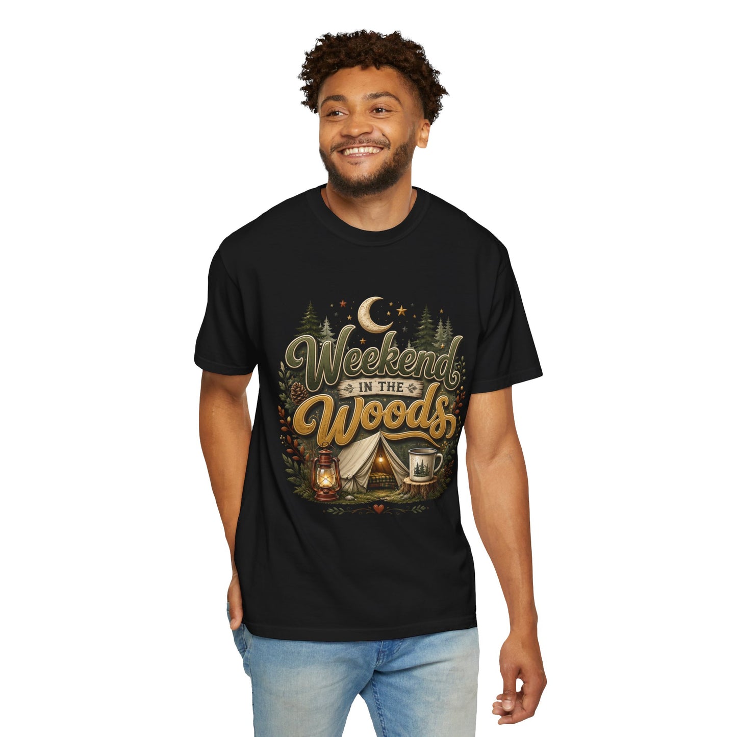 Weekend in the Woods T-shirt | Camping Tent Lantern Mug Forest Design