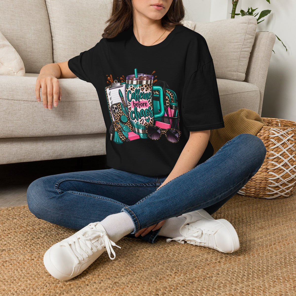 Coffee Before Chaos T-Shirt | Daily Essentials, Backpack, Sunglasses Graphic