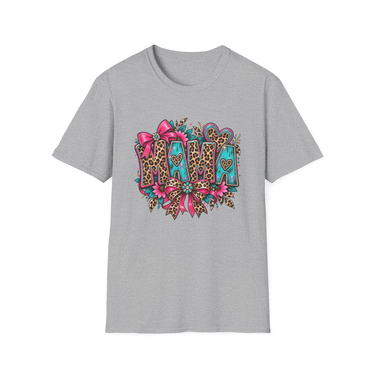 Mom Leopard Print Floral T-Shirt | Turquoise Pink Western Heart Design