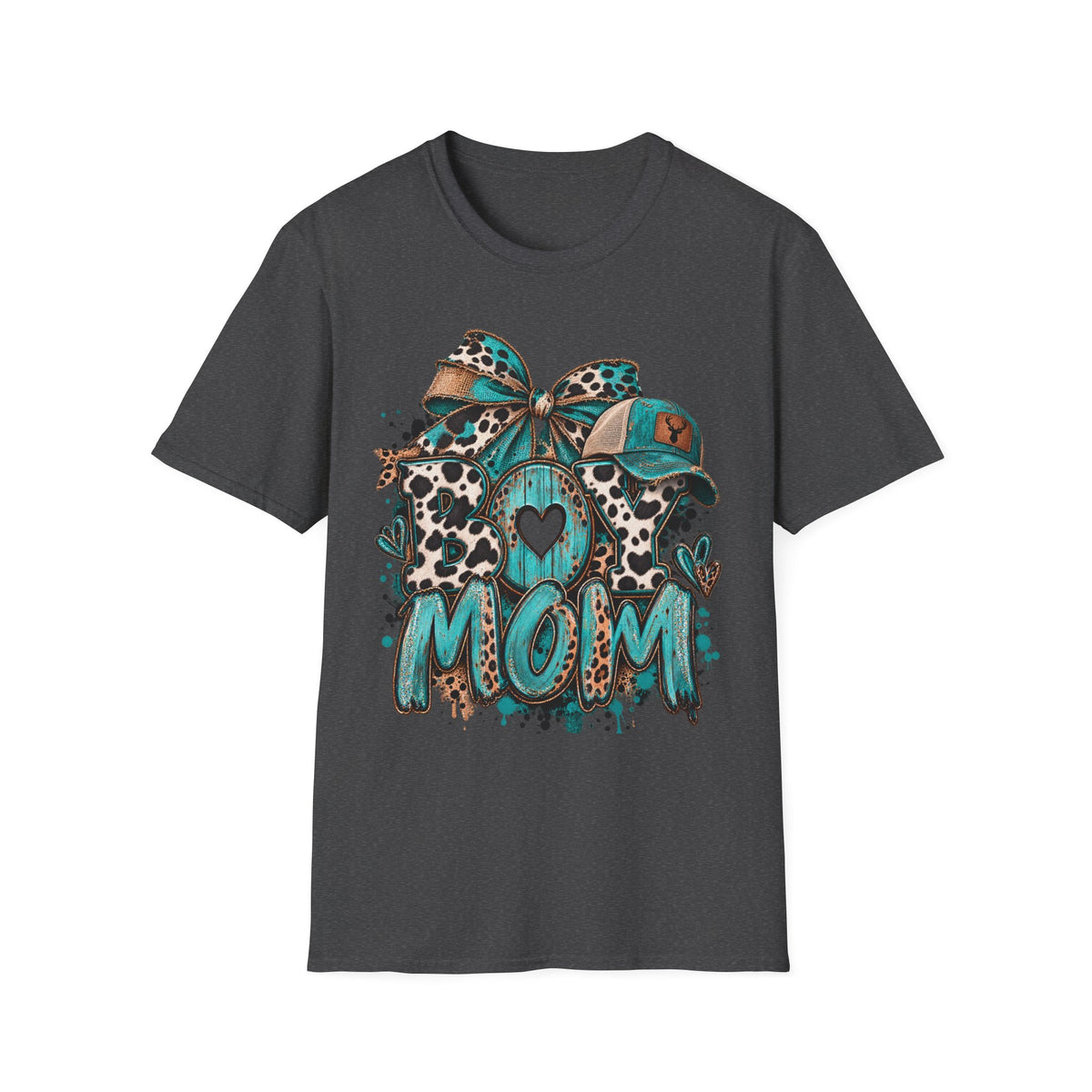 Teal Leopard Boy Mom T-Shirt | Heart Bow Baseball Cap Design